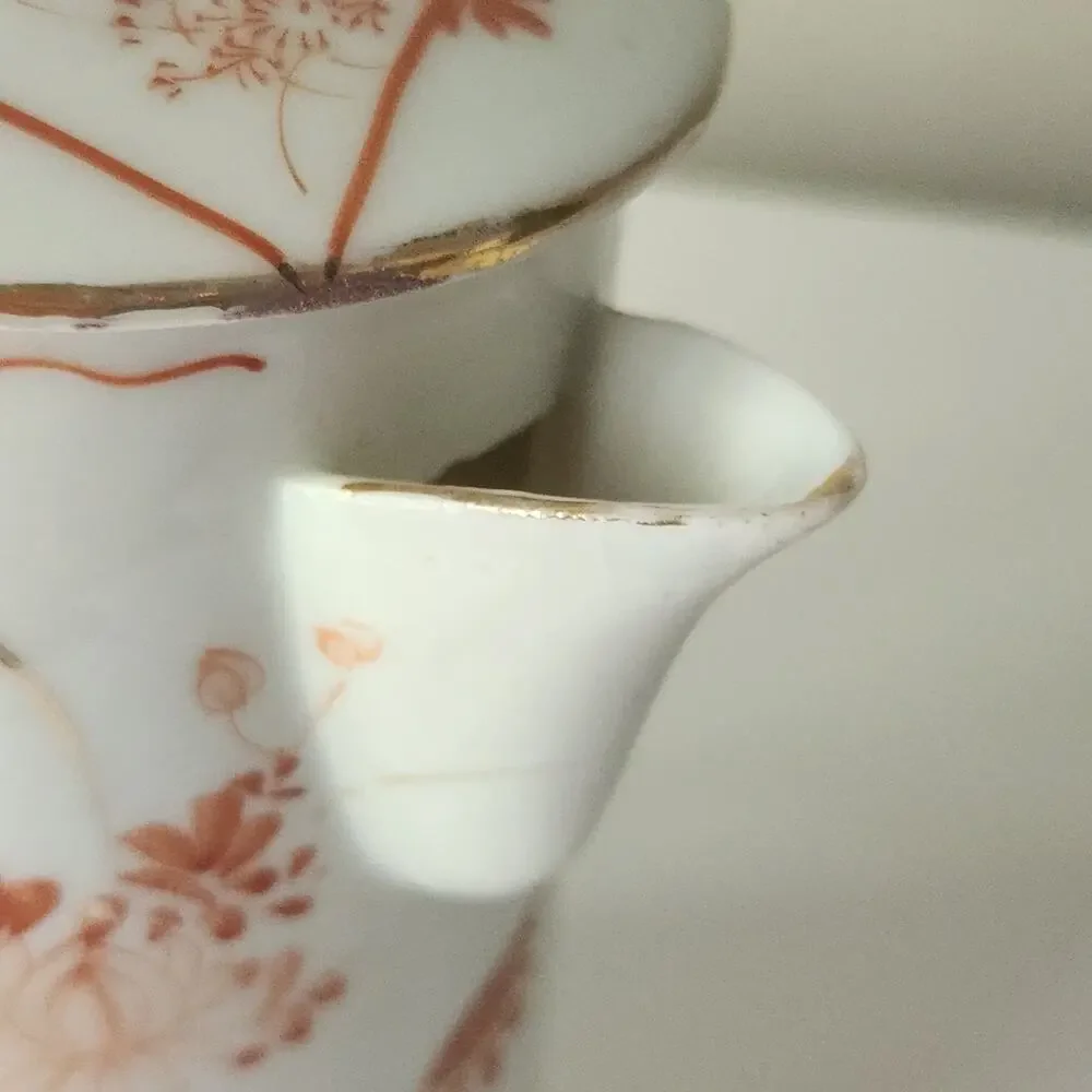 Antique Japanese Chocolate Pot | Early 1900s Gilded Orange Floral Porcelain